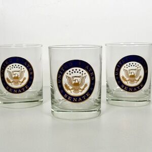 US Senate Cocktail Whiskey Rocks Glasses - Gold & Blue Patriotic - Set of 3